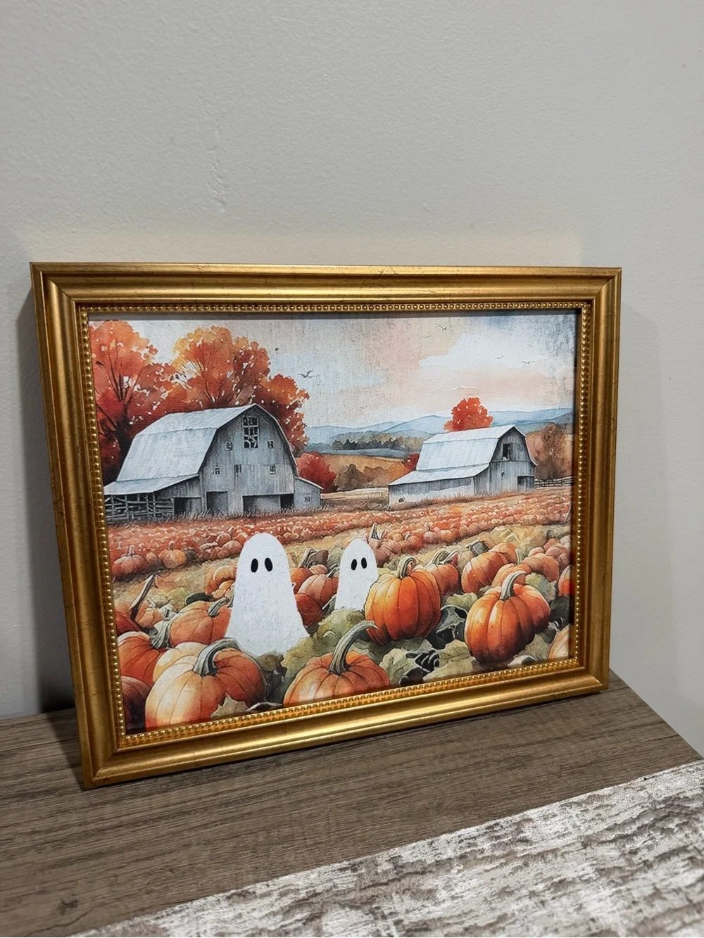 Fall/ Halloween Pumpkin Patch Canvas Art with Ghosts & Barns Gold Wood Frame